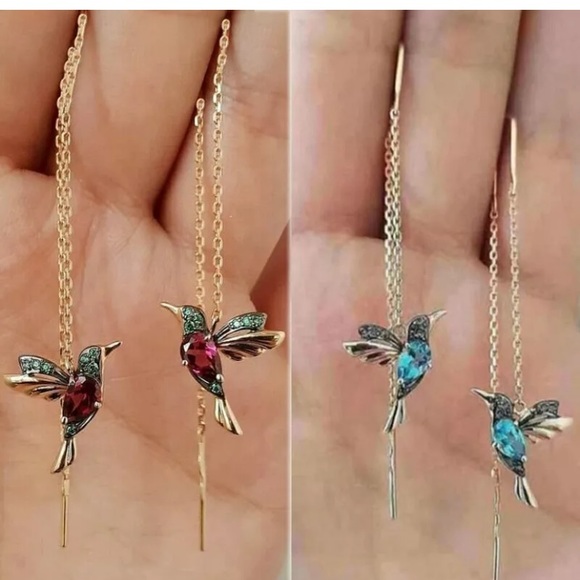 Hummingbird Drop Dangle Chain Gold Earrings - Picture 3 of 5